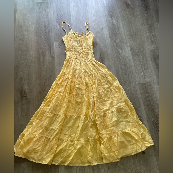lusana kenna yellow linen gathered tiered ruffle summer maxi sun dress small new - Picture 4 of 5